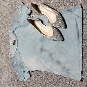 NWOT Vocal Blue Tie dye Rhinestone Detail Top. Lace Sleeves